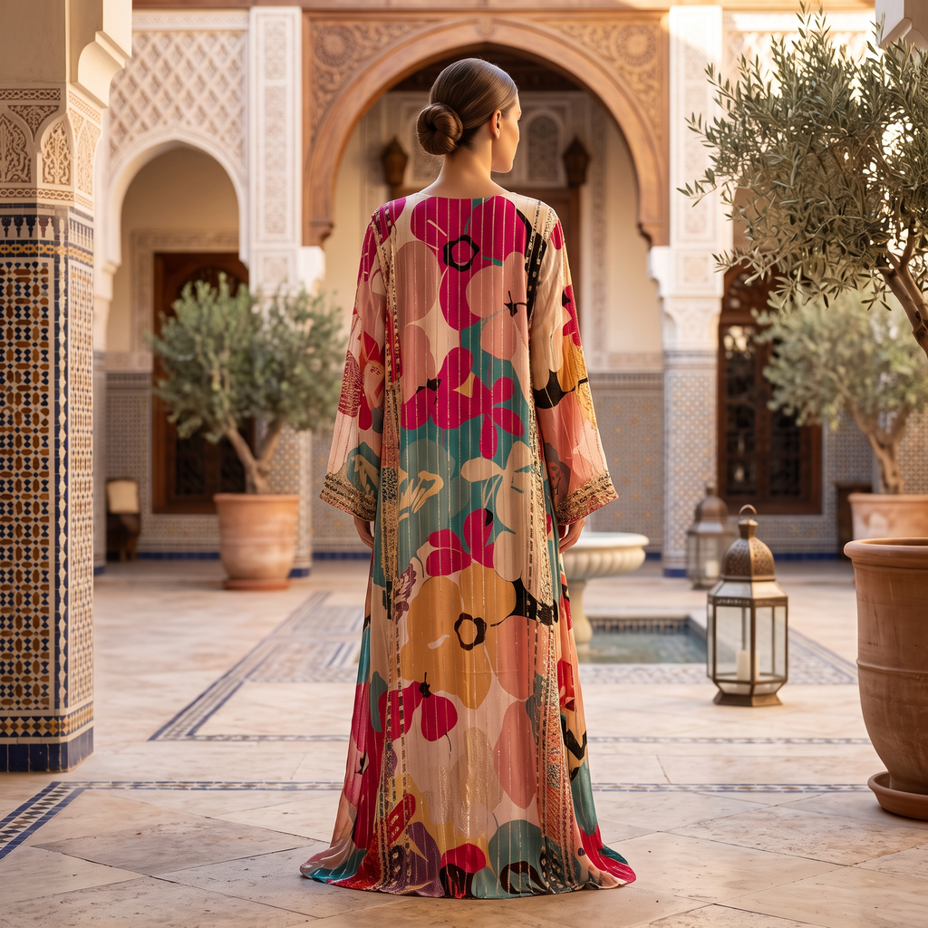 XXL Digital Dress Printed Poly Silk Hand Crystal 59" Long Jalabiya