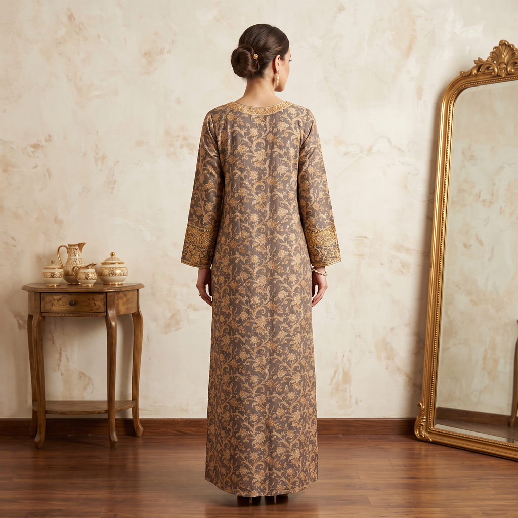 XS-S Digital Dress Printed Pure Silk Hand Embroiderey 58" Long Jalabiya