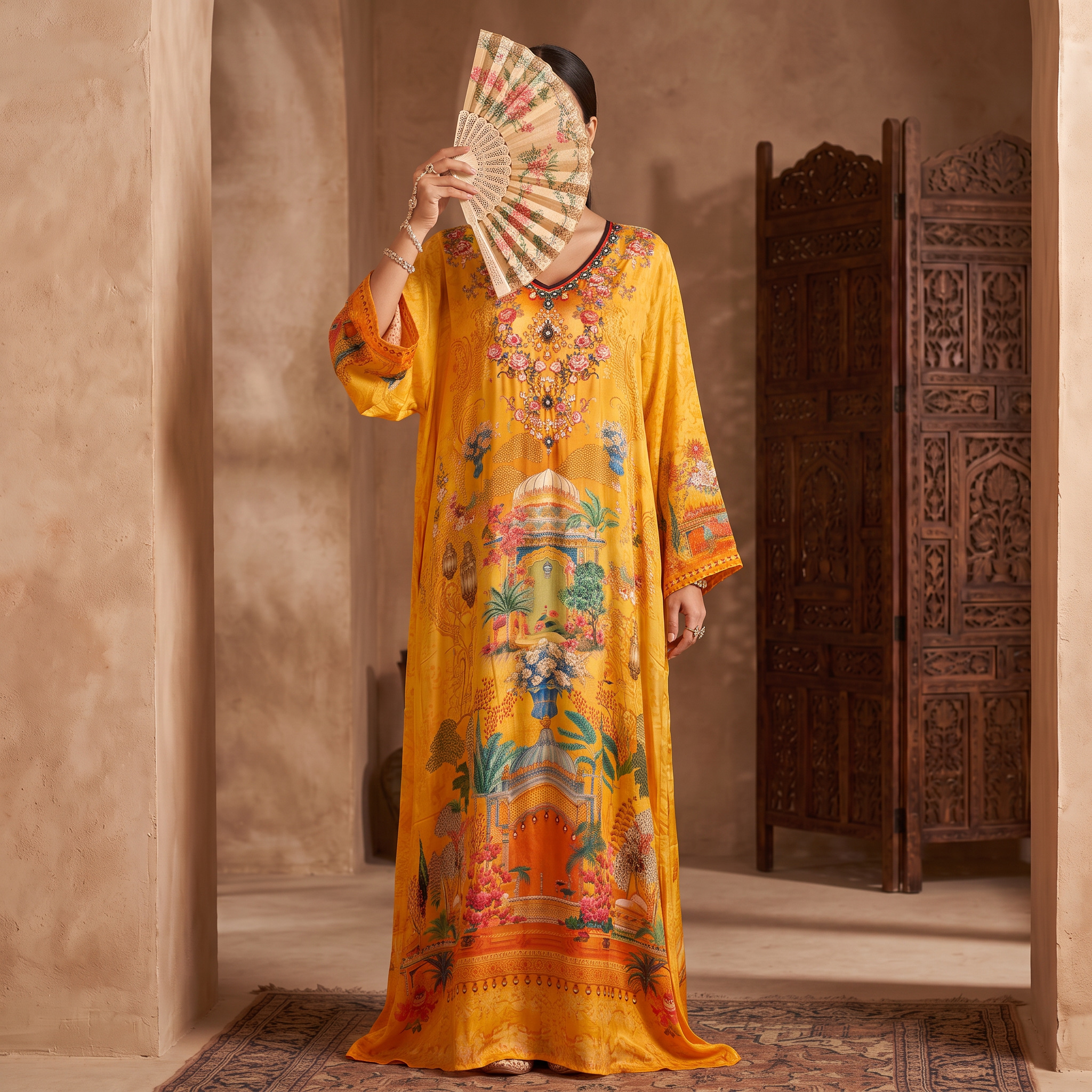 S Digital Dress Printed Poly Silk Hand Crystal 57" Long Jalabiya