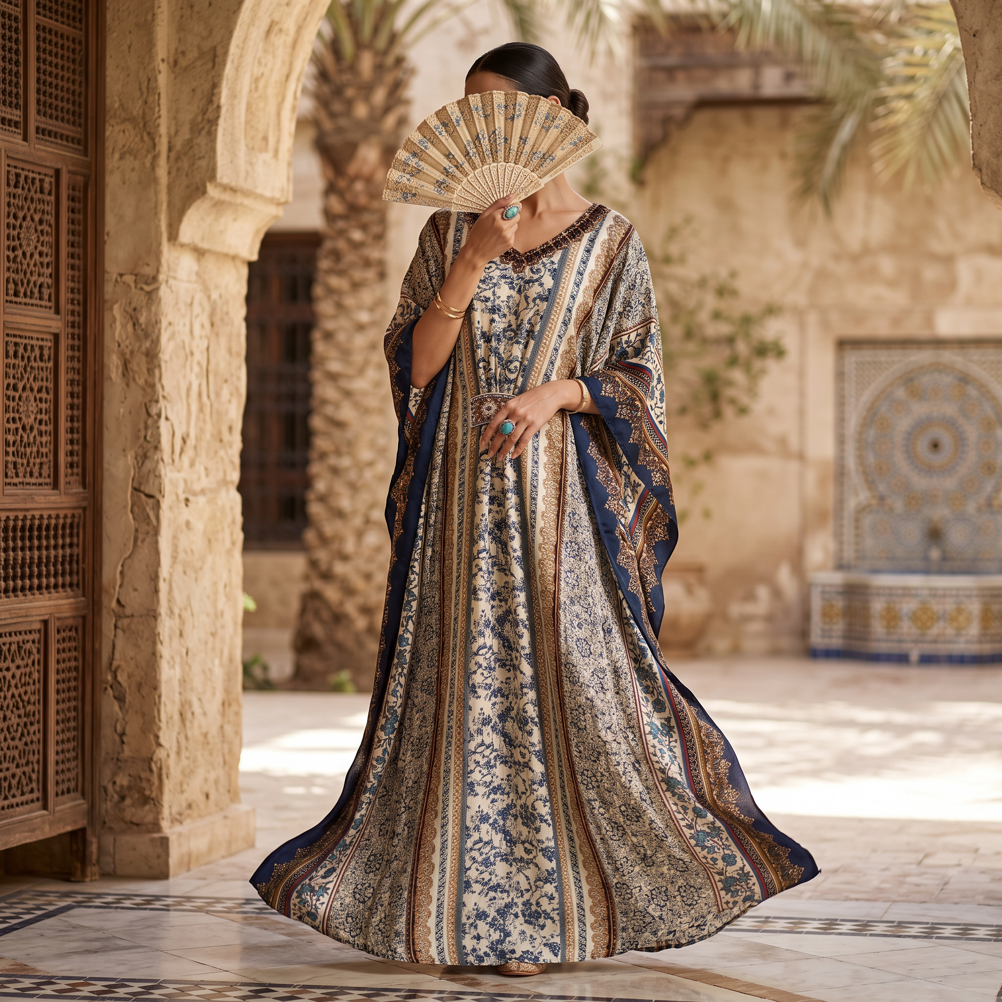 S-M Digital Dress Printed Silky Hand Crystal 60" Long Jalabiya