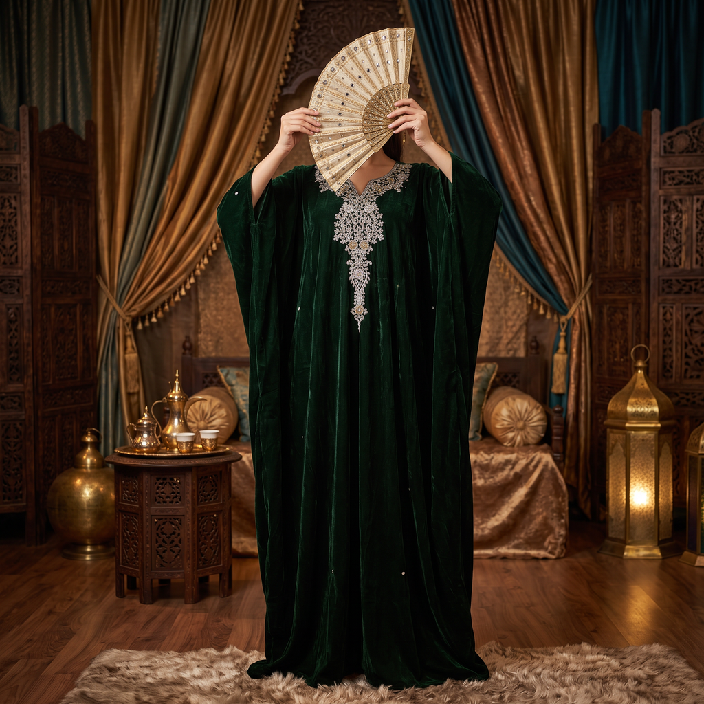 Free Size Royal Burgundy Velvet Crystal Kaftan – 60 Inches Length