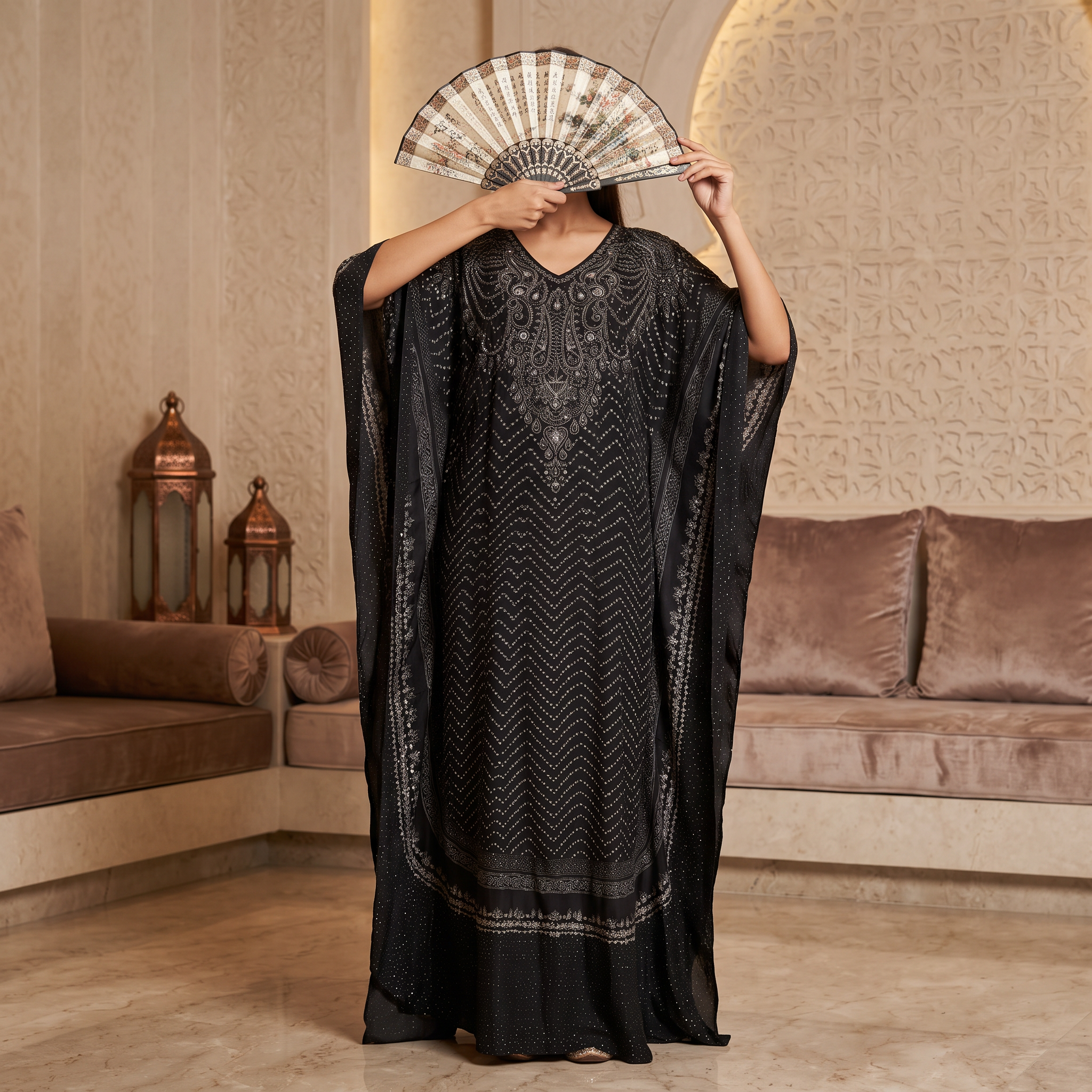 L-XL Digital Dress Printed Poly Silk Hand Crystal 58" Long Jalabiya