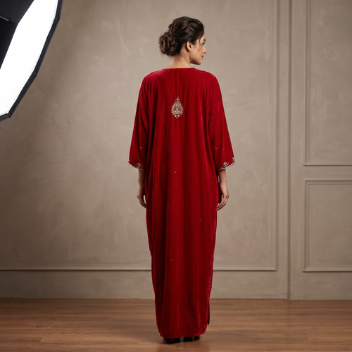 Free Size Royal Burgundy Velvet Crystal Kaftan – 60 Inches Length