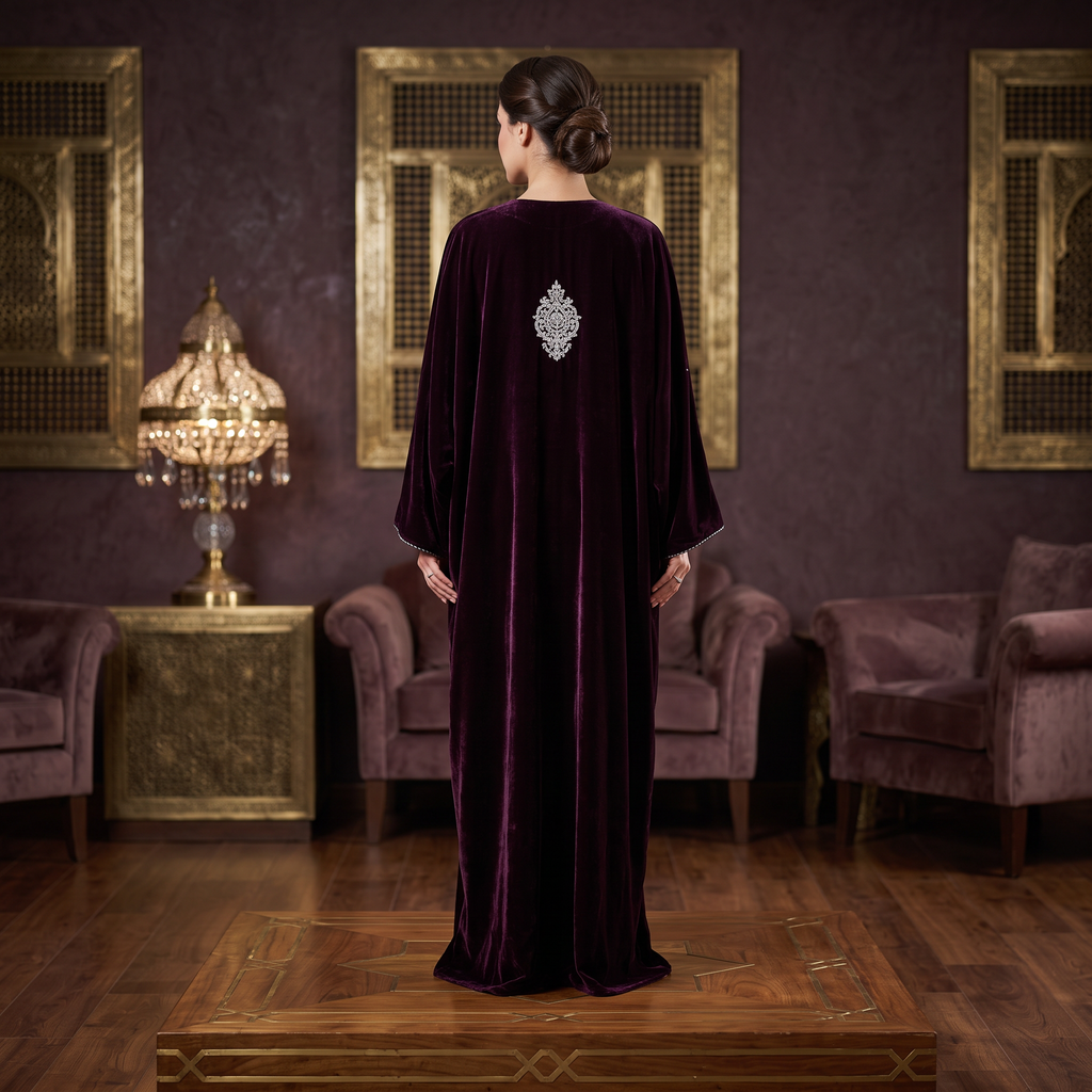 Free Size Royal Burgundy Velvet Crystal Kaftan – 60 Inches Length