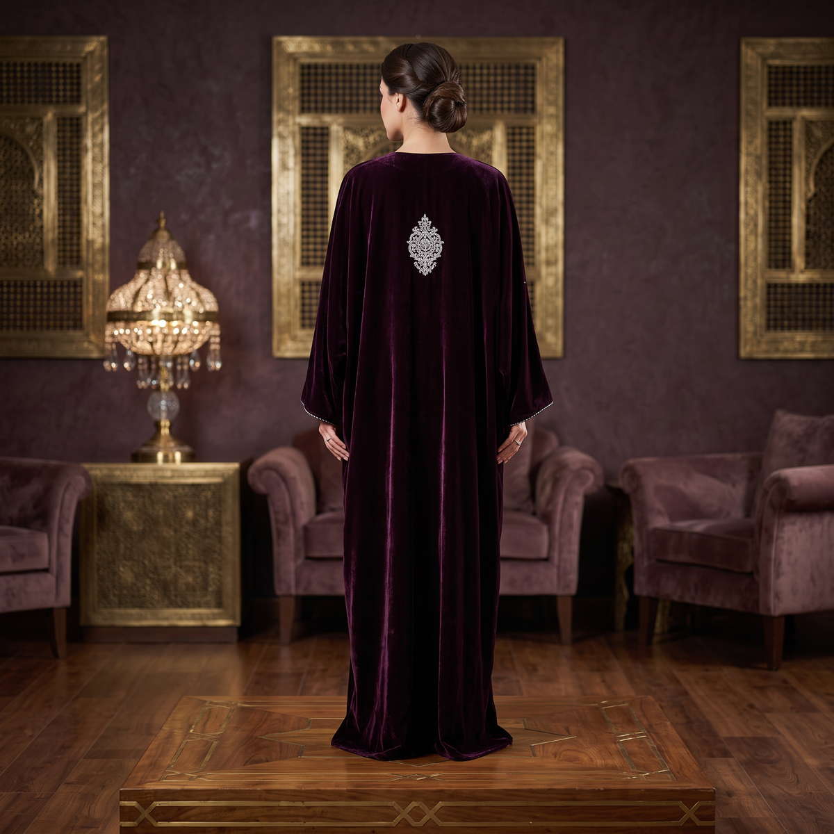 Free Size Royal Burgundy Velvet Crystal Kaftan – 60 Inches Length