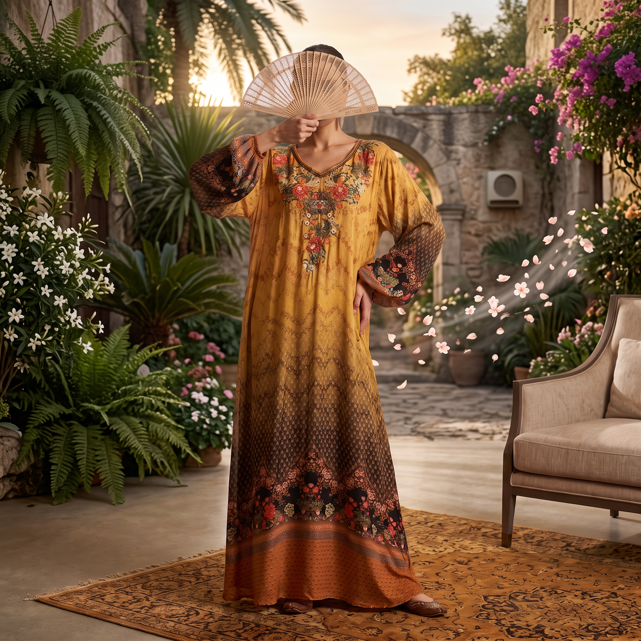 2XL Digital Dress Kaftan Printed Silky Hand Crystal 59" Long Jalabiya