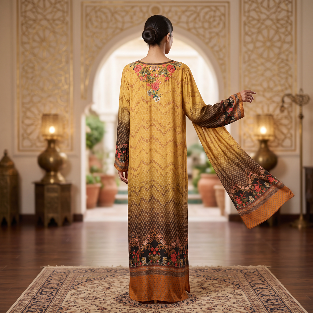 2XL Digital Dress Kaftan Printed Silky Hand Crystal 59" Long Jalabiya