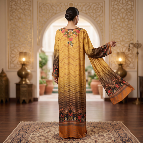 2XL Digital Dress Kaftan Printed Silky Hand Crystal 59" Long Jalabiya