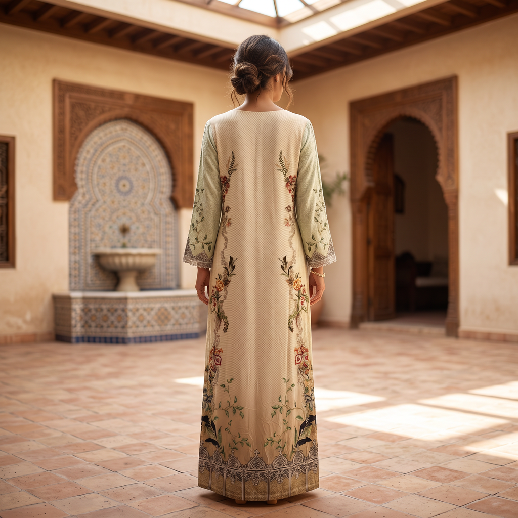 S Digital Dress Printed Poly Silk Hand Crystal 59" Long Jalabiya
