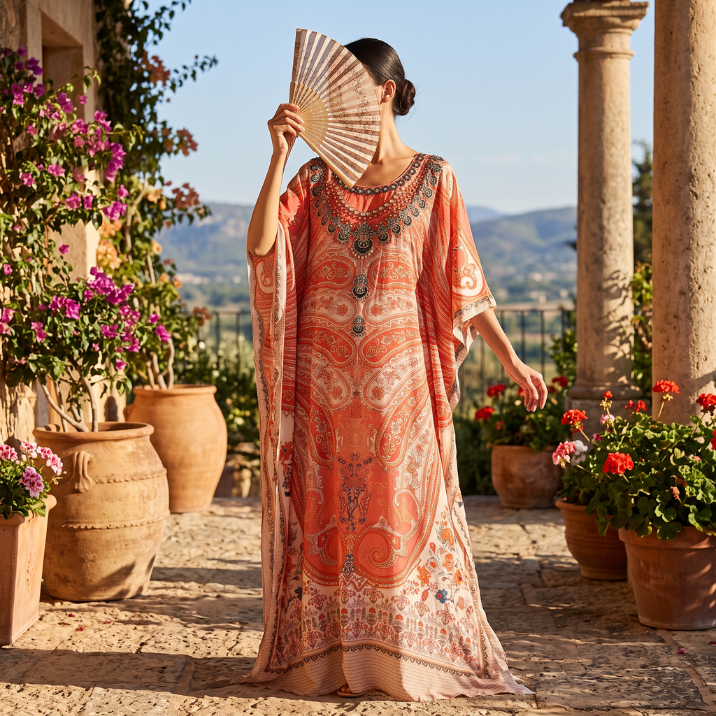 Free Size Digital Dress Kaftan Printed Pure Silk Hand Crystal 60" Long Jalabiya