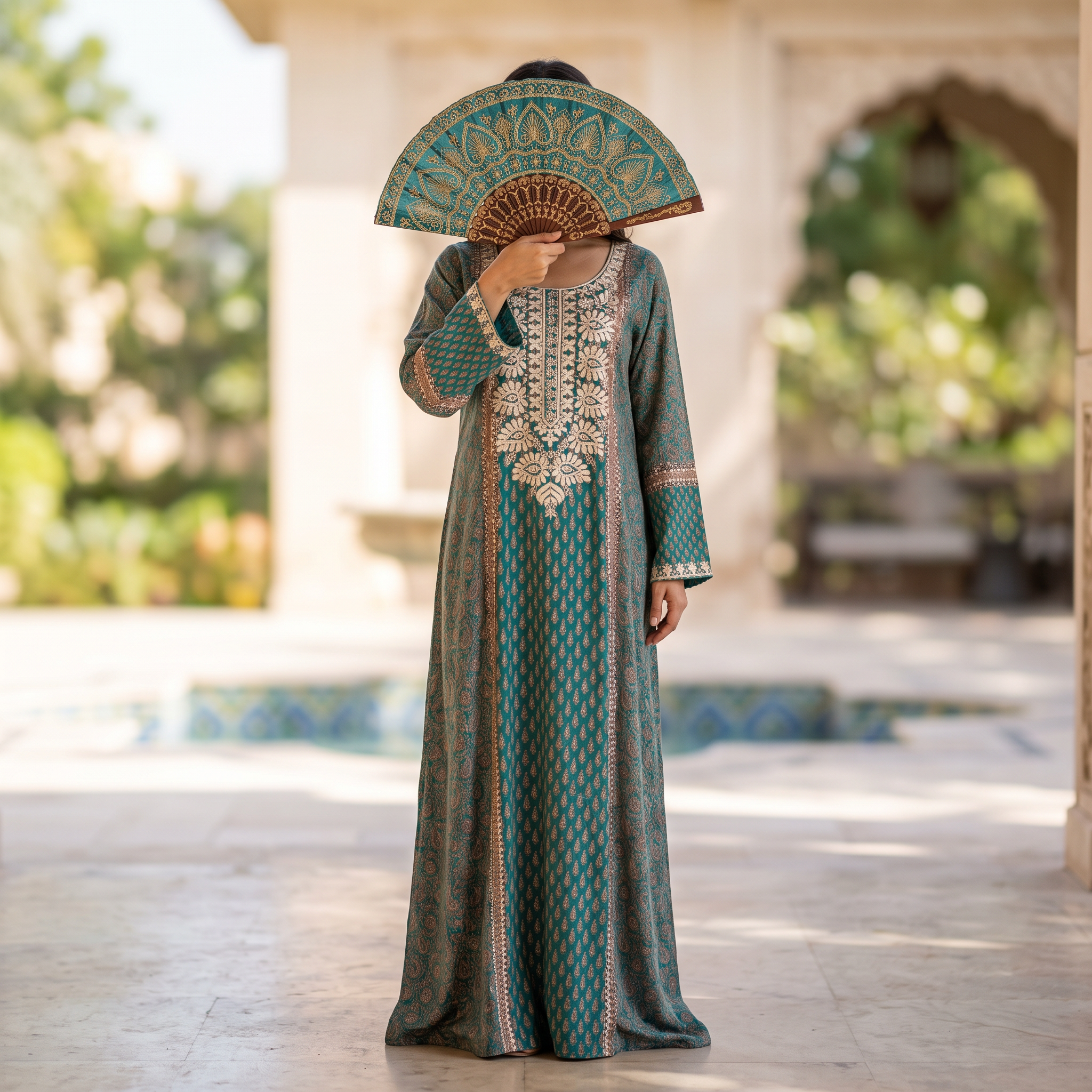 M Digital Dress Printed Pure Silk Hand Crystal 59" Long Jalabiya