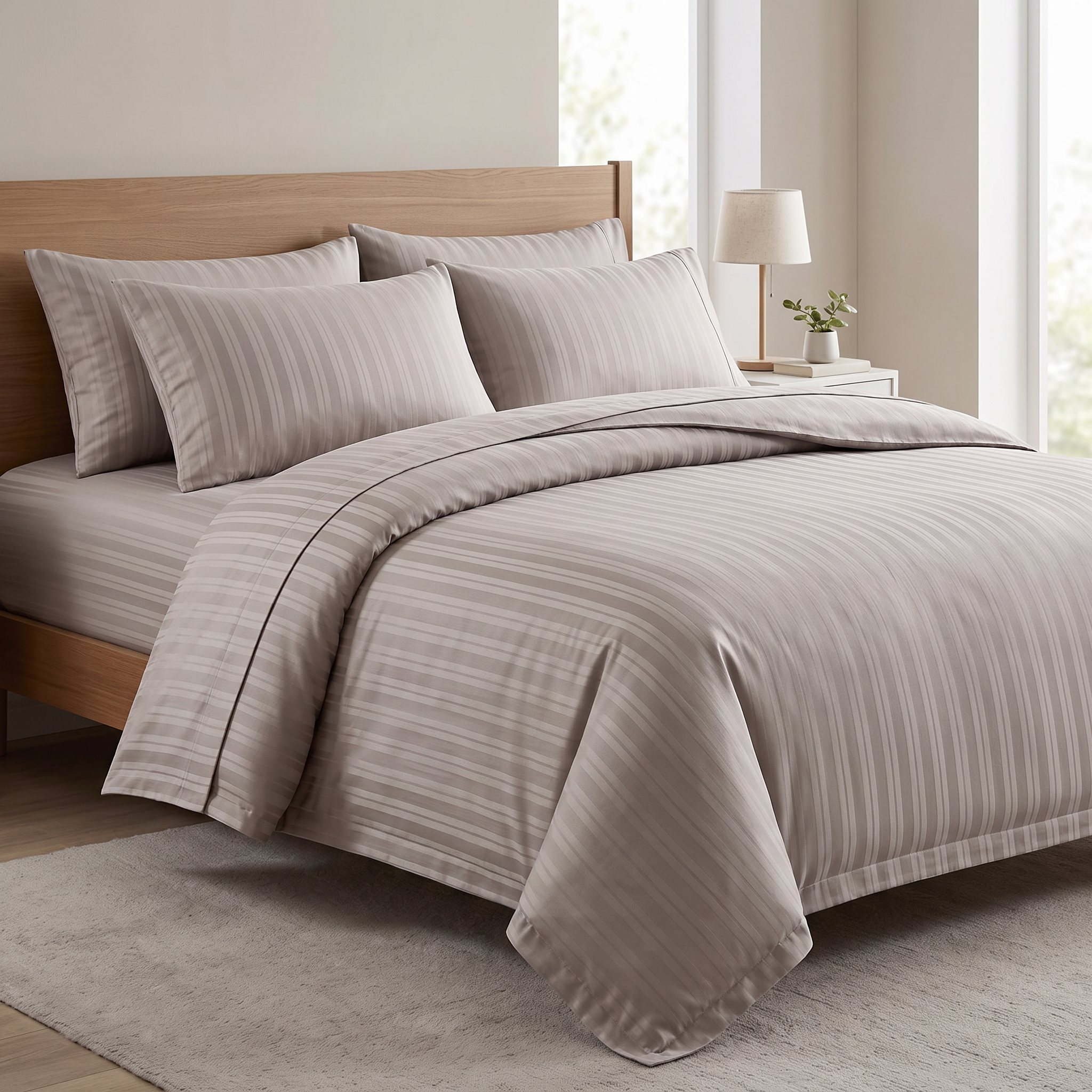 Premium plain stripes silky Duvet Set 6 Pcs