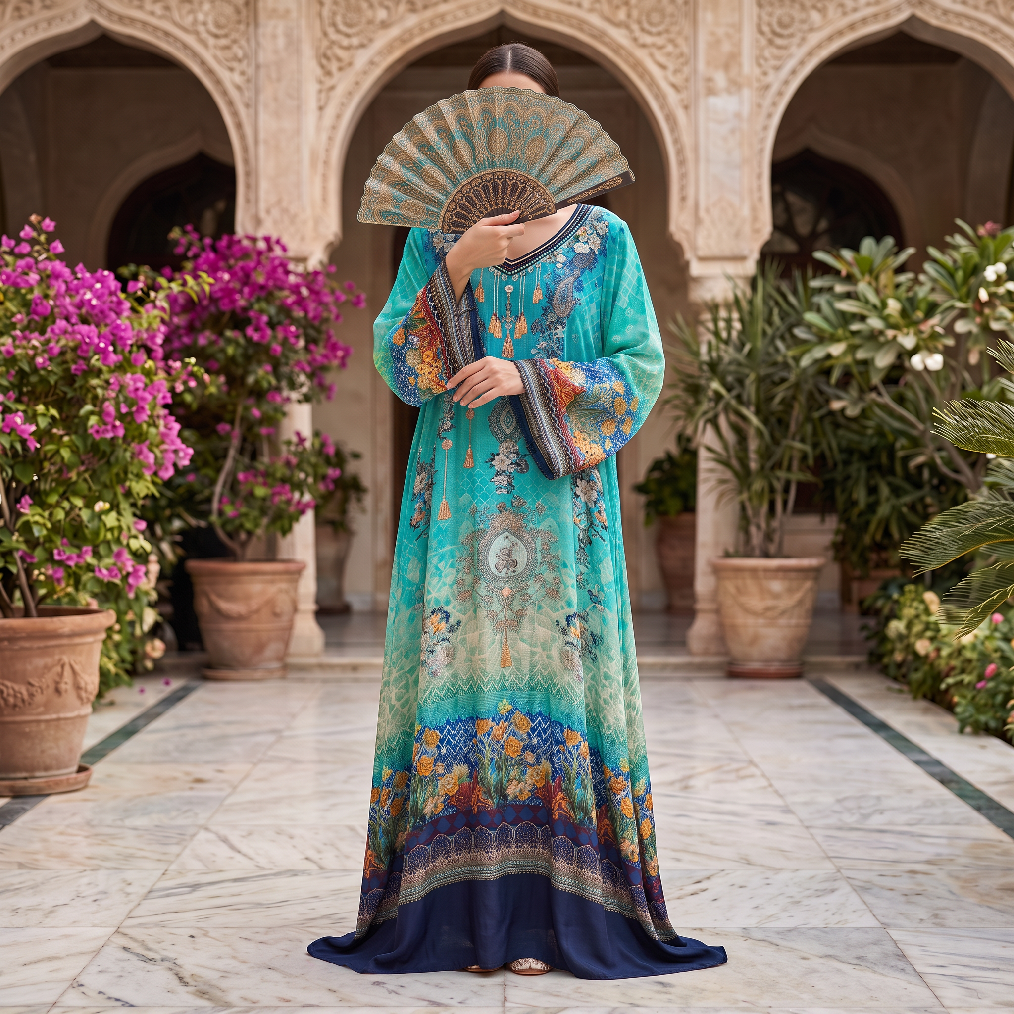 XXL Digital Dress Printed Silky Hand Crystal 63" Long Jalabiya