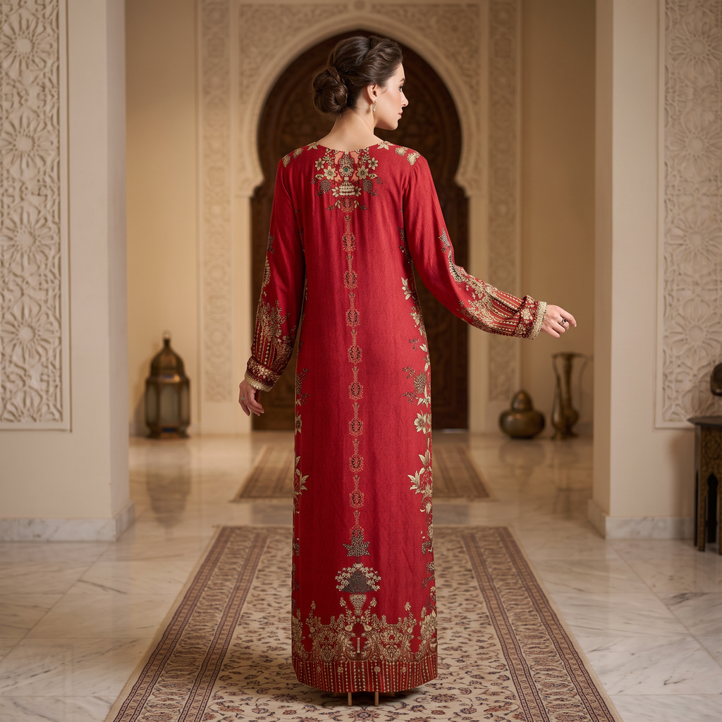 XS-S Digital Dress Printed Poly Silk Hand Crystal 56" Long Jalabiya