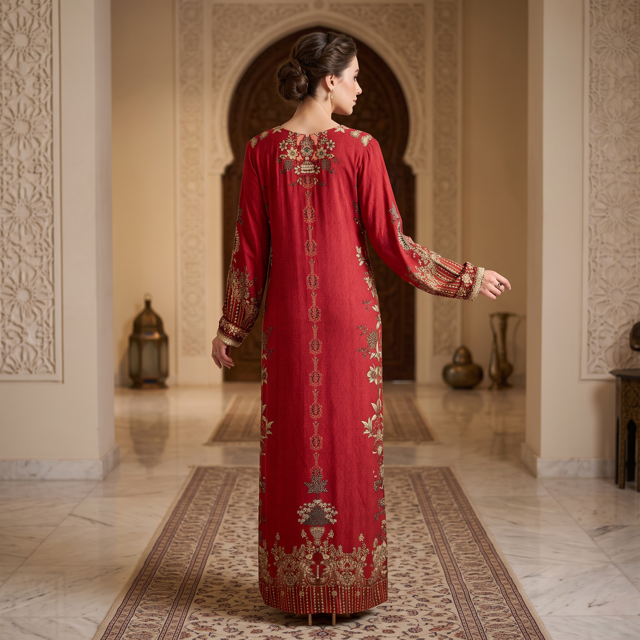 XS-S Digital Dress Printed Poly Silk Hand Crystal 56" Long Jalabiya
