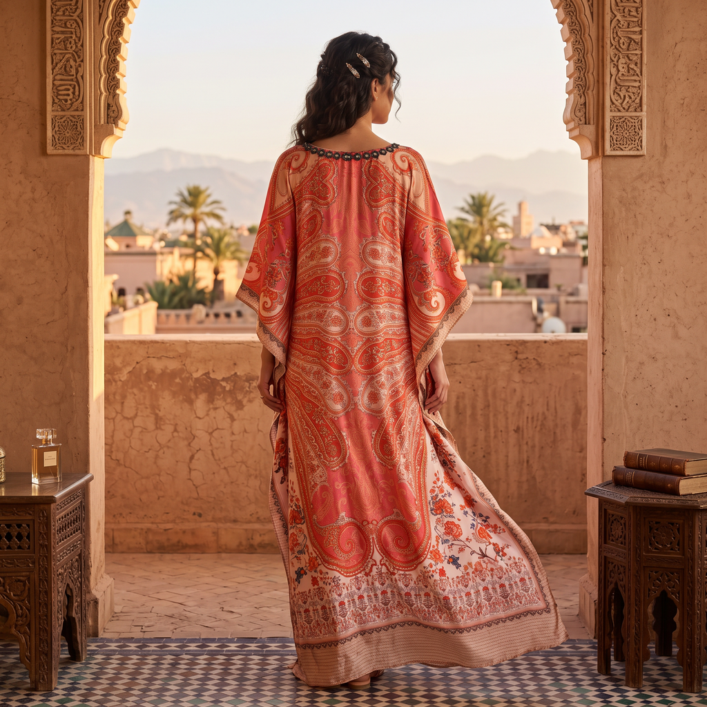 Free Size Digital Dress Kaftan Printed Pure Silk Hand Crystal 60" Long Jalabiya