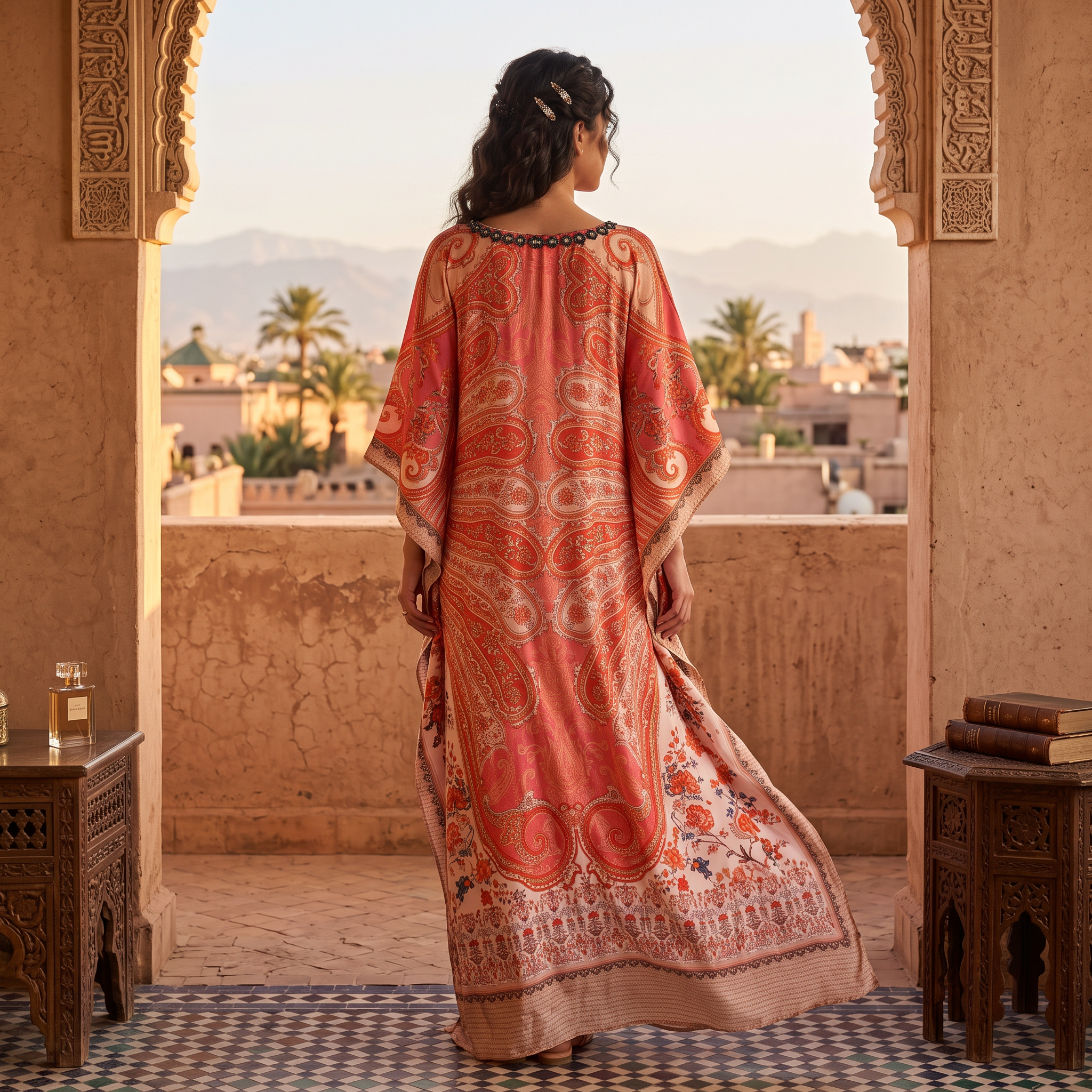 Free Size Digital Dress Kaftan Printed Pure Silk Hand Crystal 60" Long Jalabiya