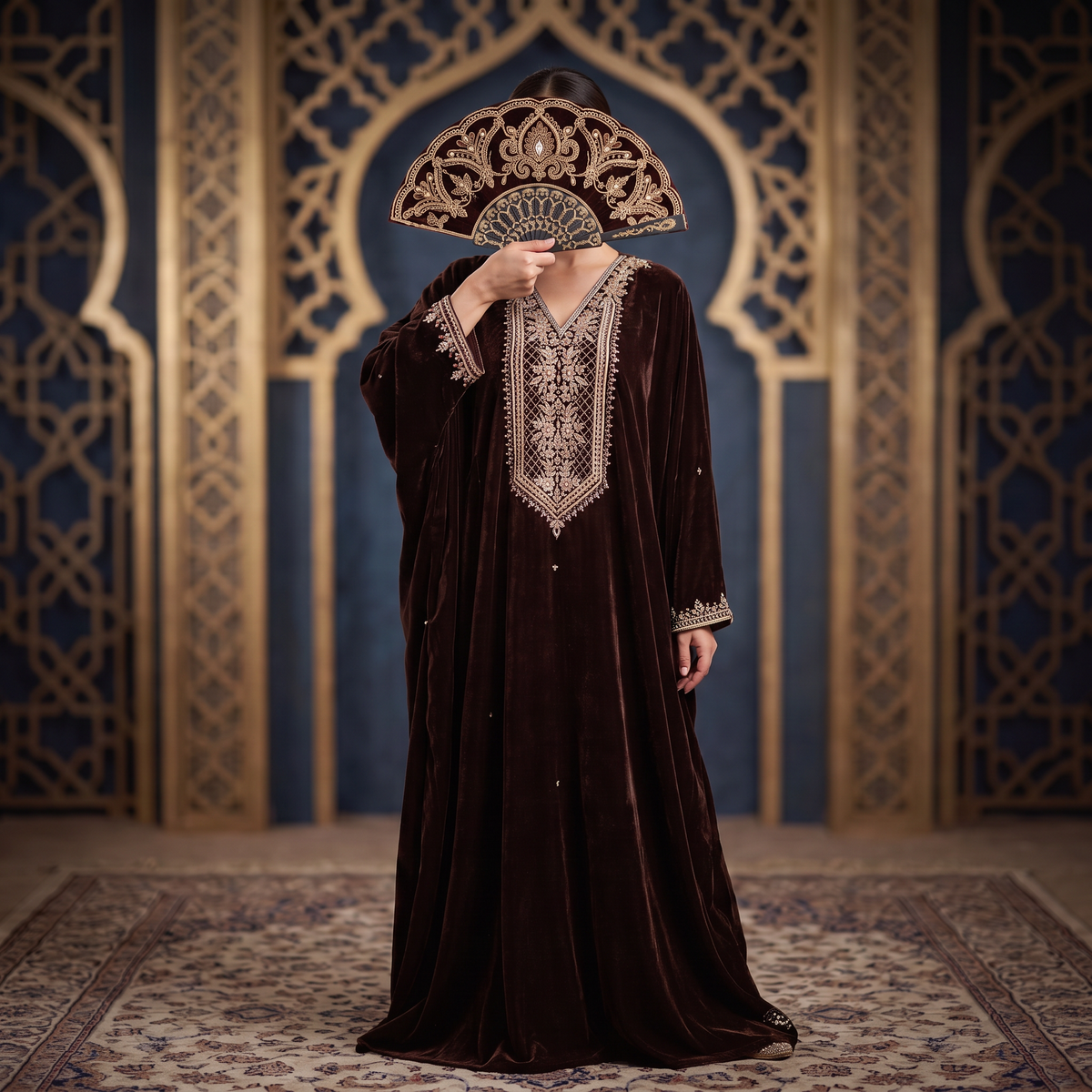 Free Size Royal Burgundy Velvet Crystal Kaftan – 60 Inches Length