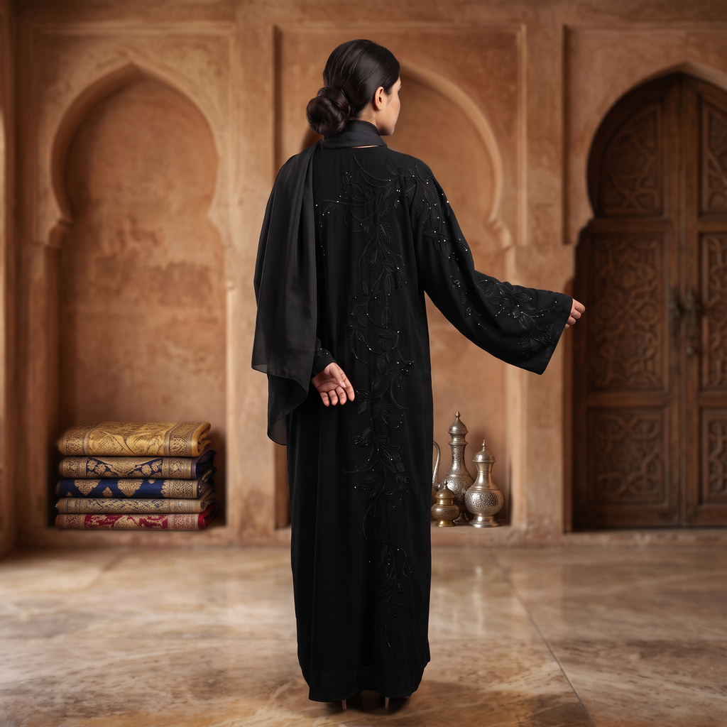 Opulent Black Lace-Trimmed Designer Abaya 56" Inches Length