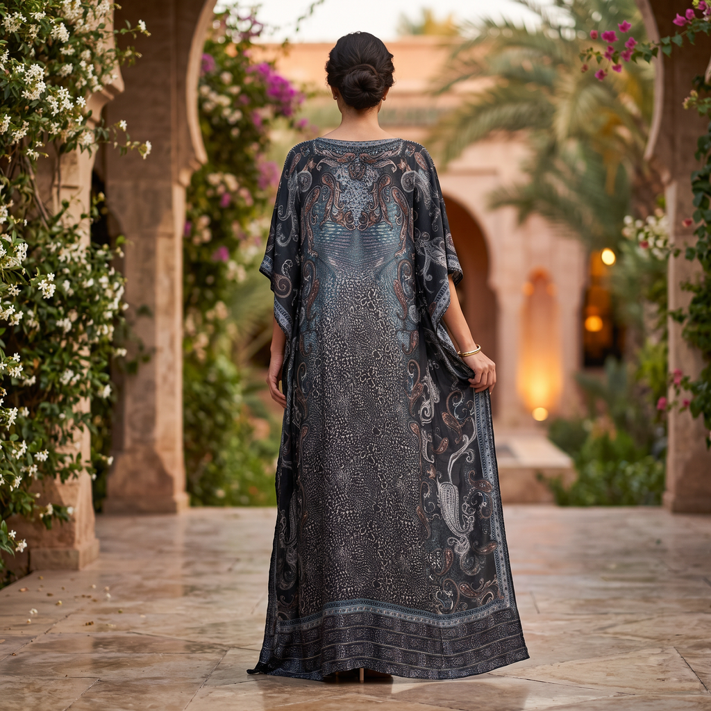 L Digital Dress Kaftan Printed Silky Hand Crystal 56" Long Jalabiya