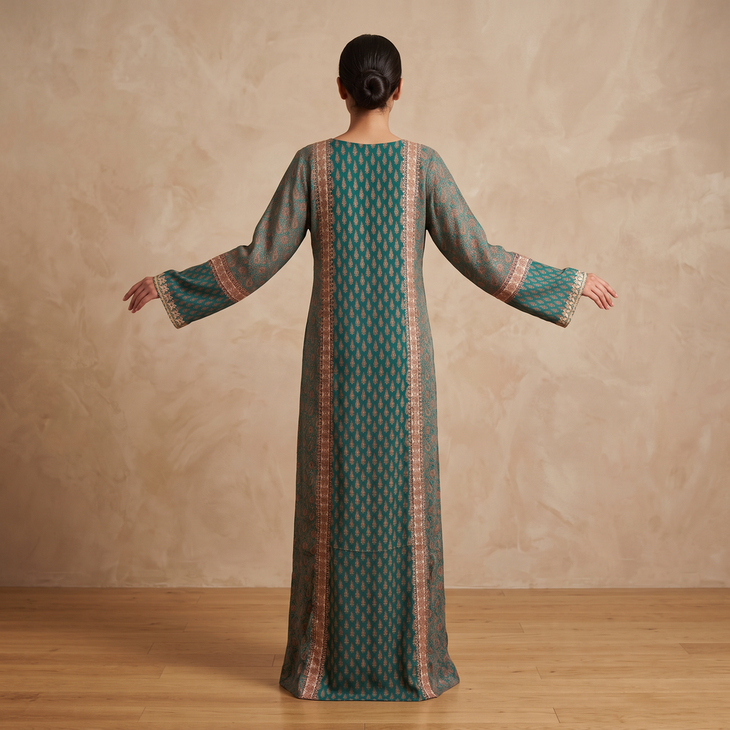 M Digital Dress Printed Pure Silk Hand Crystal 59" Long Jalabiya