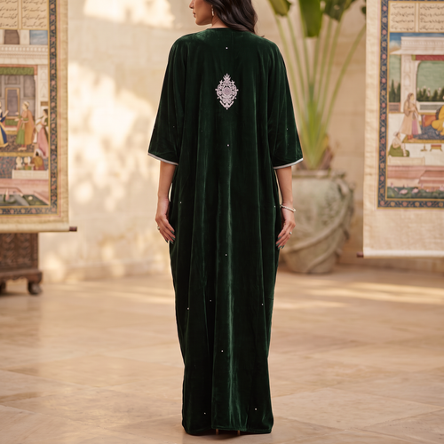 Free Size Royal Burgundy Velvet Crystal Kaftan – 60 Inches Length