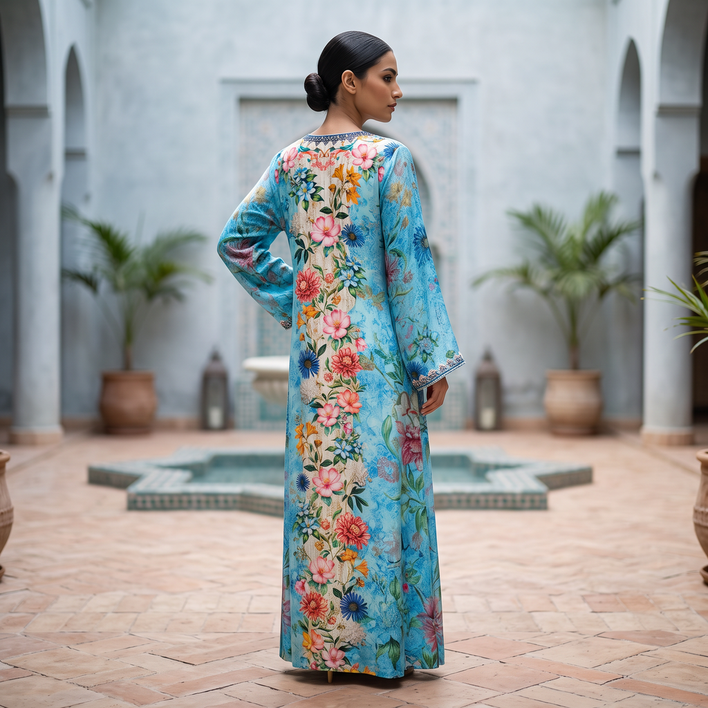 M Digital Dress Printed Poly Silk Hand Crystal 57" Long Jalabiya