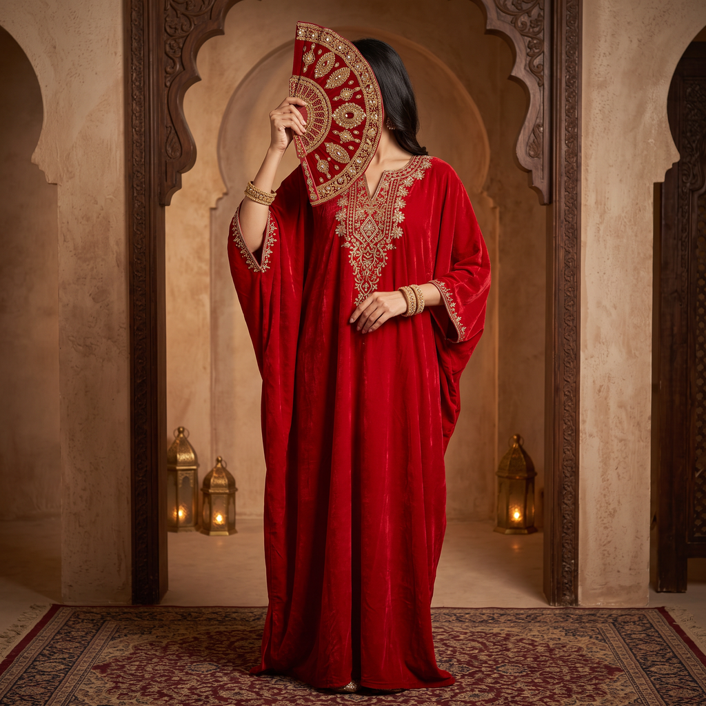 Free Size Royal Burgundy Velvet Crystal Kaftan – 60 Inches Length