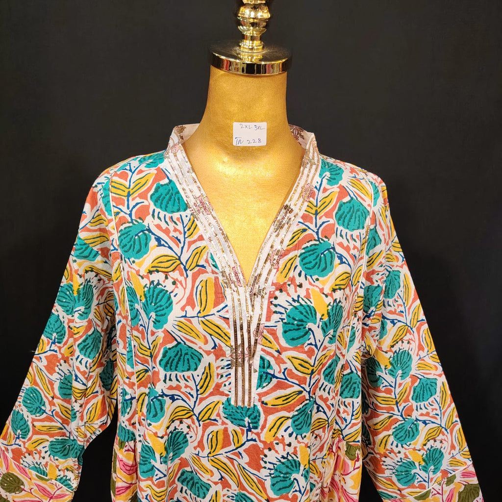 2XL-3XL Safa Printed Cotton Dress 57" Long Jalabiya